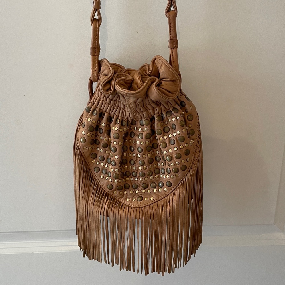 Oasis Tan Studded Fringed Brown Leather Shoulder Bag